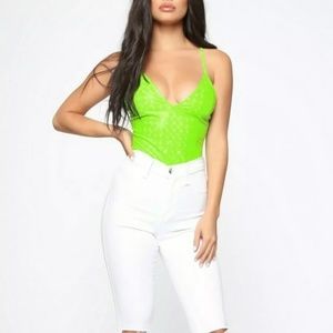 V Neck Casual Stylish Sexy Shiny Latex Bodysuit Stretchy Top Neon Green Small S